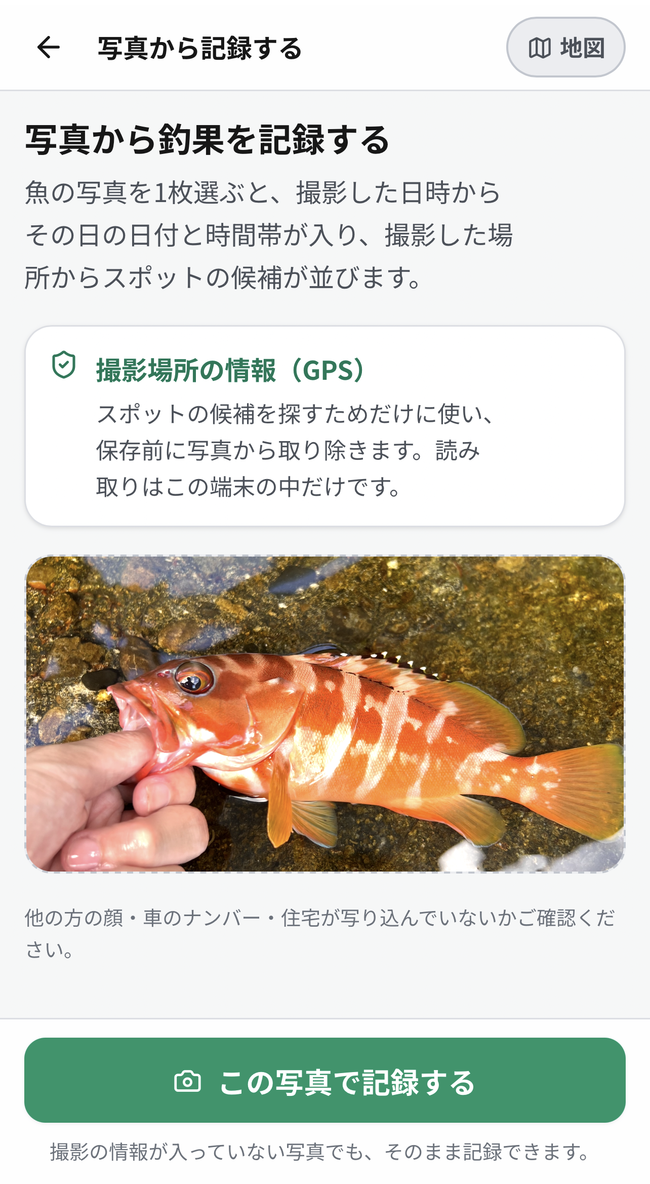 写真から記録の画面。魚の写真を選ぶと、撮影日時から日付と時間帯が入り、GPSは保存前に取り除かれる